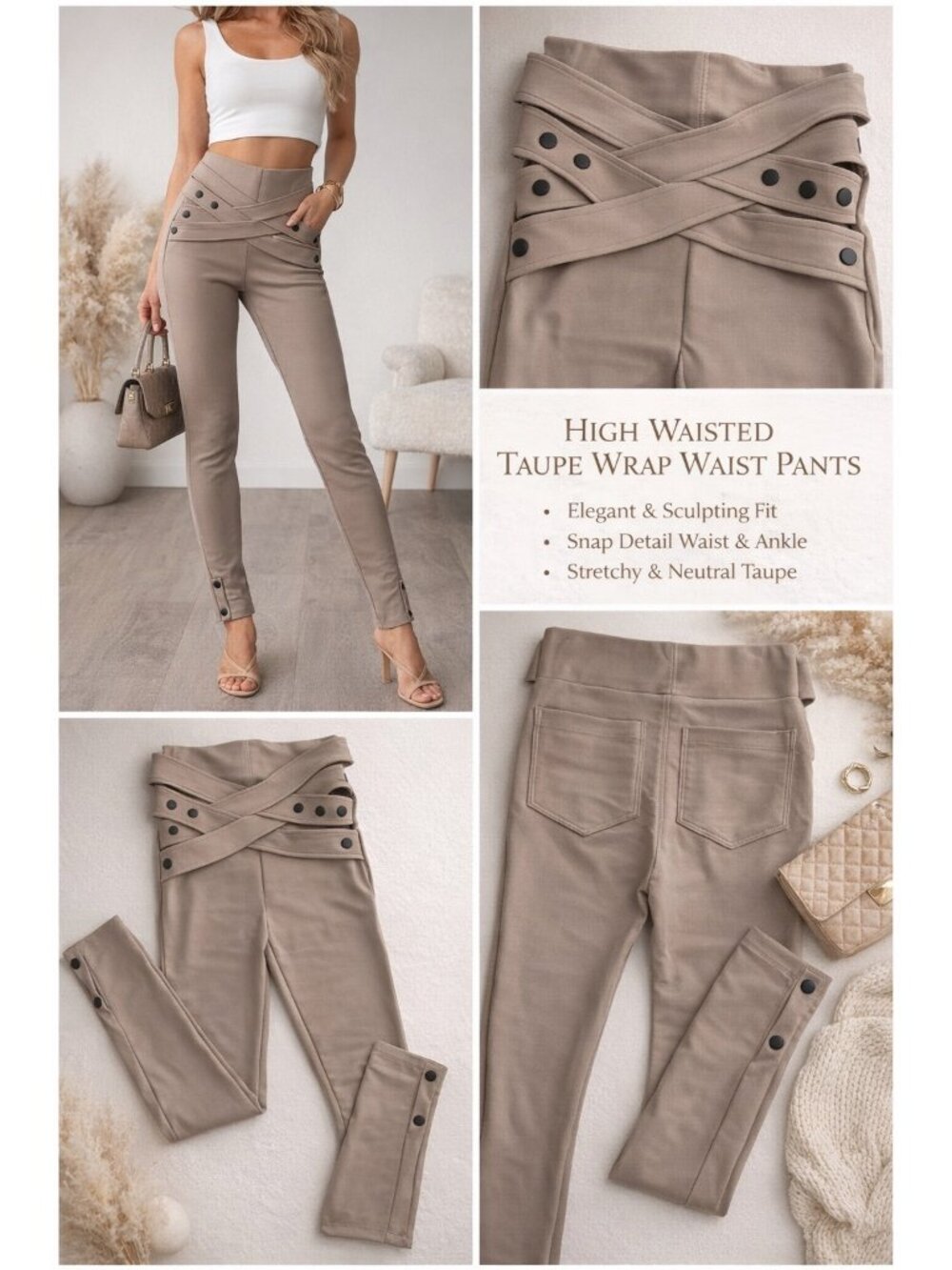 High Waisted Skinny Pants XS Taupe Wrap Waist Button Detail Stretch Slim Fit